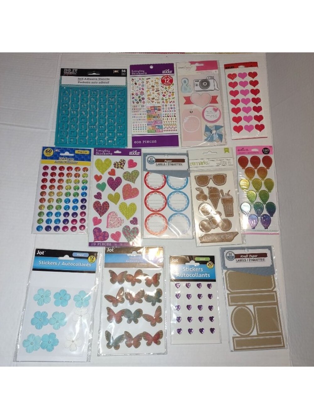 Assorted Scrapbooking & Craft Stickers Lot Of 12 Packs - Hearts Butterflies Ball